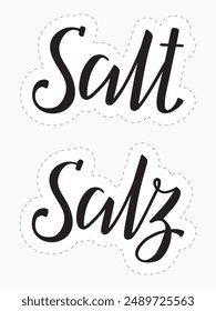 Words Salt and Salz, which means Salt in German, modern brush ink calligraphy. Black text on white Stickers. Hand lettering. Labels for saltshaker, kitchen spices.