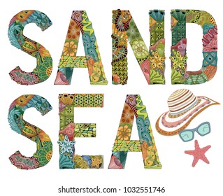 Words sand and sea. Vector decorative zentangle object