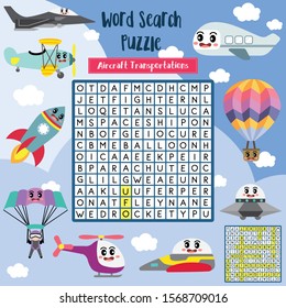 Words search puzzle game of Aircraft Transportations for preschool kids activity worksheet colorful printable version. Vector Illustration.