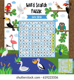 Words search puzzle game of cute birds animals for preschool kids activity worksheet colorful printable version. Vector Illustration.