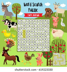 Words search puzzle game of farm animals for preschool kids activity worksheet colorful printable version. Vector Illustration.