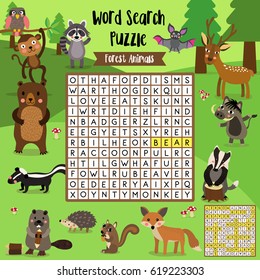 Words search puzzle game of forest animals for preschool kids activity worksheet colorful printable version. Vector Illustration.