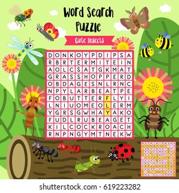 Words search puzzle game of insect bug animals for preschool kids activity worksheet colorful printable version. Vector Illustration.