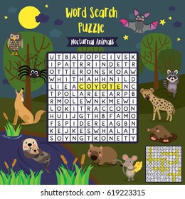 Words search puzzle game of nocturnal animals for preschool kids activity worksheet colorful printable version. Vector Illustration.