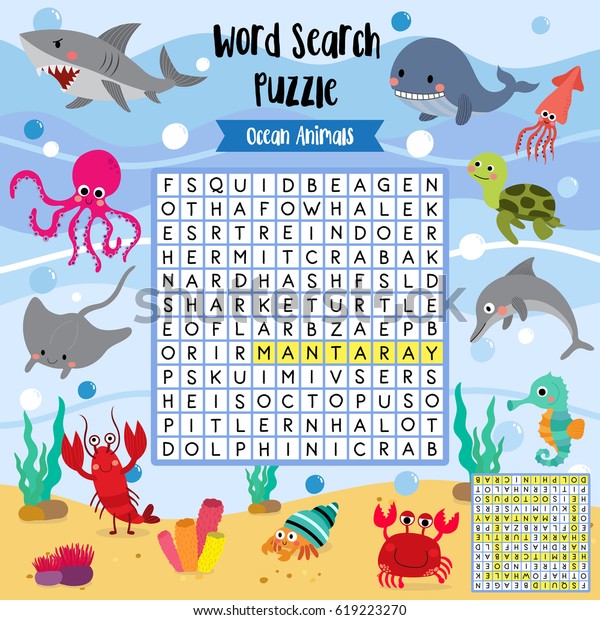 Words search puzzle game of ocean animals
for preschool kids activity worksheet colorful printable version.
Vector Illustration.