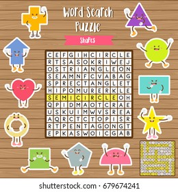 Words search puzzle game of shapes for preschool kids activity worksheet layout in A4 colorful printable version. Vector Illustration.