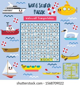 Words search puzzle game watercraft Transportations for preschool kids activity worksheet colorful printable version  Vector Illustration 