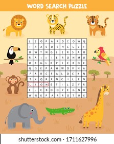 Words search puzzle for kids. African safari animals. Find the words in field. Printable material. Elementary crossword for children. 