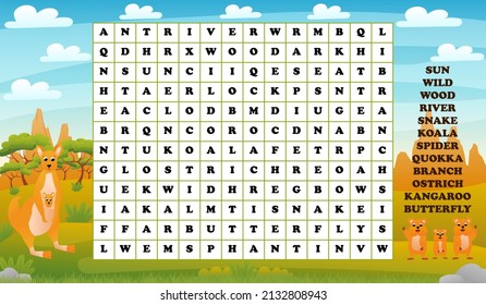 Words search puzzle for kids with australian animals - kangaroo and quokka, printable worksheet for learning english for children books in cartoon style