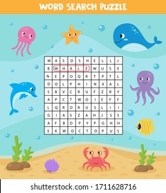 Words Search Puzzle For Kids. Sea Animals. Find The Words In Field. Printable Material. Elementary Crossword For Children. 