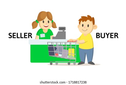 Words SELLER and BUYER flashcard with text cartoon characters. Opposite nouns explanation card. Flat vector illustration, isolated on white background.