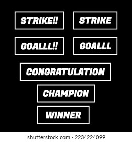 Words for sport such as goal, strike, winner, champion, congratulation as elemnt vector or video background