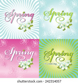 Words Spring is comming.Word,cherry flowers,background.For plakat,poster.Seasonal vector 