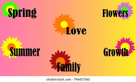 The words: Spring, summer, family, love, flowers and growth are in front of colorful flowers on a pink and yellow background vector