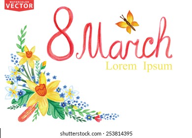 Words Spring with Watercolor floral group,branches,leaves,insects .ForGreeting card with March 8,women day.Seasonal vintage vector Background