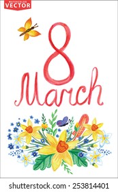 Words Spring with Watercolor floral group,branches,leaves,insects,letters .For poster.Greeting card with March 8,women day.Seasonal vintage vector Background