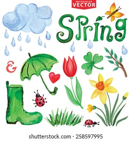 Words Spring with Watercolor leaves , grass,rubber boots, umbrella ,cloud with rain drops,flowers,insects.For .Seasonal vector , isolated clipart, scrapbooking elements,icons set , kit.Bright colors