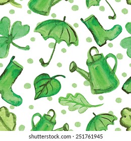 Words Spring with Watercolor leaves , rubber boots, umbrella in seamless pattern.For backdrop,fabric,wallpaper,background.Seasonal ,Nature,organic Vector.Green colors