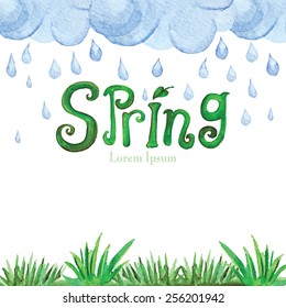 Words Spring with Watercolor rain cloud,grass,lettering .For plakat,poster,card.Seasonal vector Background,design template