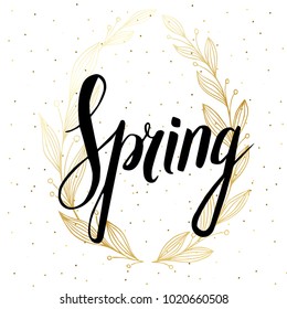 Words Spring with wreath, branches,leaves . Vector illustration EPS10