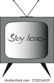 The words "stay home" on the TV screen. Retro tv in black and white. Vector.