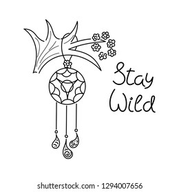 The words "Stay Wild", moose antlers, a wreath of flowers.  Outline. Vector illustration