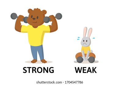 Words strong and weak textcard with cartoon bear and rabbit characters. Opposite adjectives explanation card. Flat vector illustration, isolated on white background.