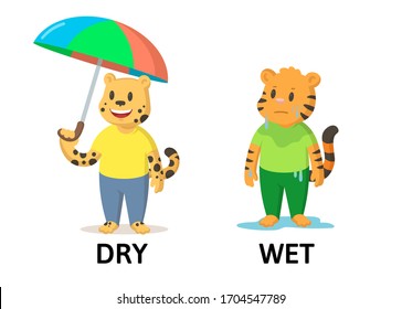 Words strong and weak textcard with cartoon cheetah and tiger characters. Opposite adjectives explanation card. Flat vector illustration, isolated on white background.