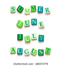 Words "summer", "june", "july", "august" with colorful blocks isolated on a white background. Descriptions with bright cubes. Vector illustration EPS 10.