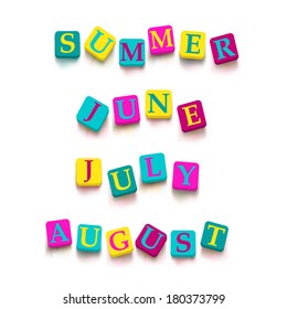 Words "summer", "june", "july", "august" with colorful blocks isolated on a white background. Descriptions with bright cubes. Vector illustration EPS 10.
