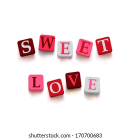 Words "sweet love" with colorful blocks isolated on a white background. Description with bright cubes. Valentine's day card. Vector illustration EPS 10.