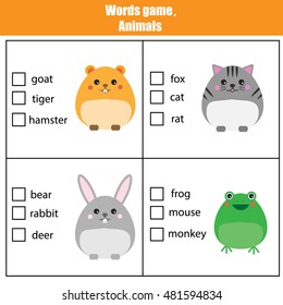 Words test educational game for children. Animals theme, learning vocabulary. Choose the correct answer task