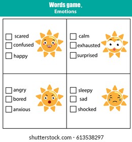 Words test educational game for children. Emotions and feelings theme, learning vocabulary. Choose the correct answer task