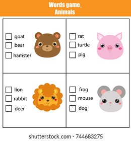 Words test educational game for children. Animals theme, learning vocabulary. Choose the correct answer task