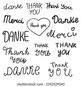 Words - Thank you, Danke, Merci. Hand drawn vector lettering for greeting cards, t shirts, stickers, poster designs.