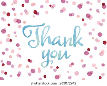 Words Thank You painted with blue watercolor in colorful watercolor dots. Thank you card template with oval shape. Vectorized watercolor painting.
