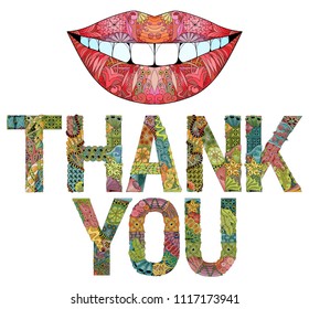 Words thank you with silhouette of lips. Vector decorative zentangle object.
