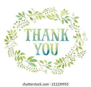 Words THANK YOU in simple and cute floral oval wreath with spring branches and leaves. Vectorized watercolor drawing.