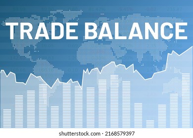 Words Trade balance on blue finance background with line, columns, numbers, world map. Global economy concept