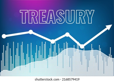 Words Treasury on blue and pink finance background from columns, line, candlesticks, arrow, city. Economy and finance concept