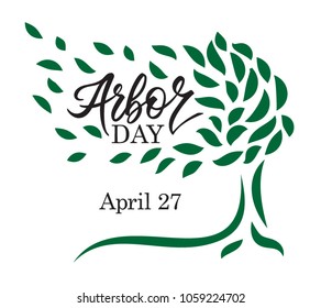 “Arbor day” words in a tree leaves blowing with the wind. Hand-writing, lettering, typography, calligraphy. Two colors, isolated. For poster, banner, card, as cutting tenplate