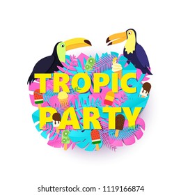 Words TROPIC PARTY composition with creative pink blue jungle leaves ice cream and birds on white background in paper cut style. Tropical toucans for poster, banner, flyer T-shirt printing. Vector.