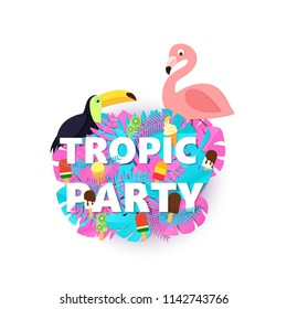 Words TROPIC PARTY composition with creative pink blue jungle leaves ice cream and birds on white background in paper cut style. Tropical flamingo toucan for design flyer, T-shirt printing. Vector.