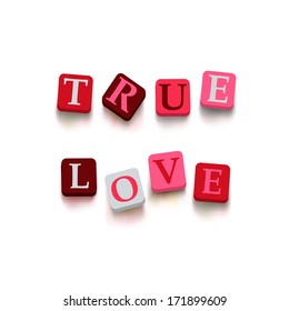 Words "true love" with colorful blocks isolated on a white background. Description with bright cubes. Valentine's day card. Vector illustration EPS 10.