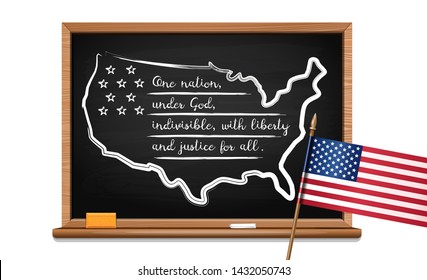 Words US oath of allegiance written in chalk on a blackboard and USA flag. Pledge of Allegiance of the United States. One Nation under God, indivisible, with liberty and justice for all