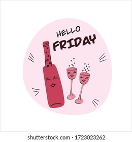 Words vector illustration. Hello friday, poster, banner layout. Cocktails, wine, wineglasses