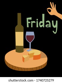 Words vector illustration. Hello friday poster, banner layout, for print, card, greeting card, blog, social media overlay. Wine bottle, wine glass and cheese.