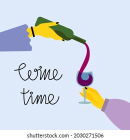 Palabras ilustrativas vectoriales. Afiche del horario del vino, diseño de pancartas, para imprimir, tarjeta, tarjeta de saludo, blog, superposición de medios sociales. Botella de vino en mano.