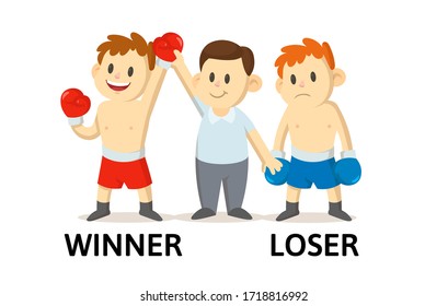 Words WINNER and LOSER flashcard with text cartoon characters. Opposite nouns explanation card. Flat vector illustration, isolated on white background.