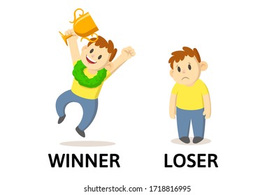 Words WINNER and LOSER flashcard with text cartoon characters. Opposite nouns explanation card. Flat vector illustration, isolated on white background.